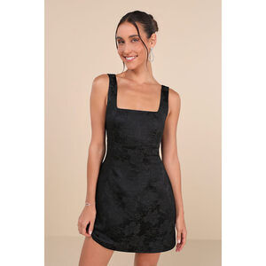 Lulus Perfectly Flirtatious Black Floral Jacquard Tie-back Mini Dress - Size M